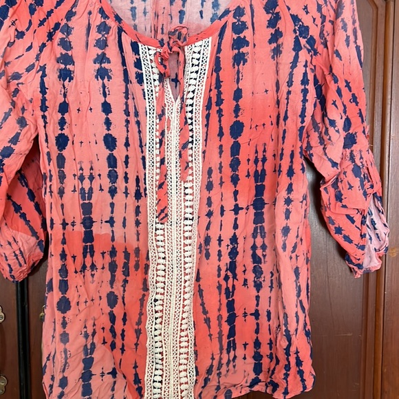 COMO Tie Dye Style Vintage Cute Tie Neck Boho Top Size Large - Picture 2 of 9